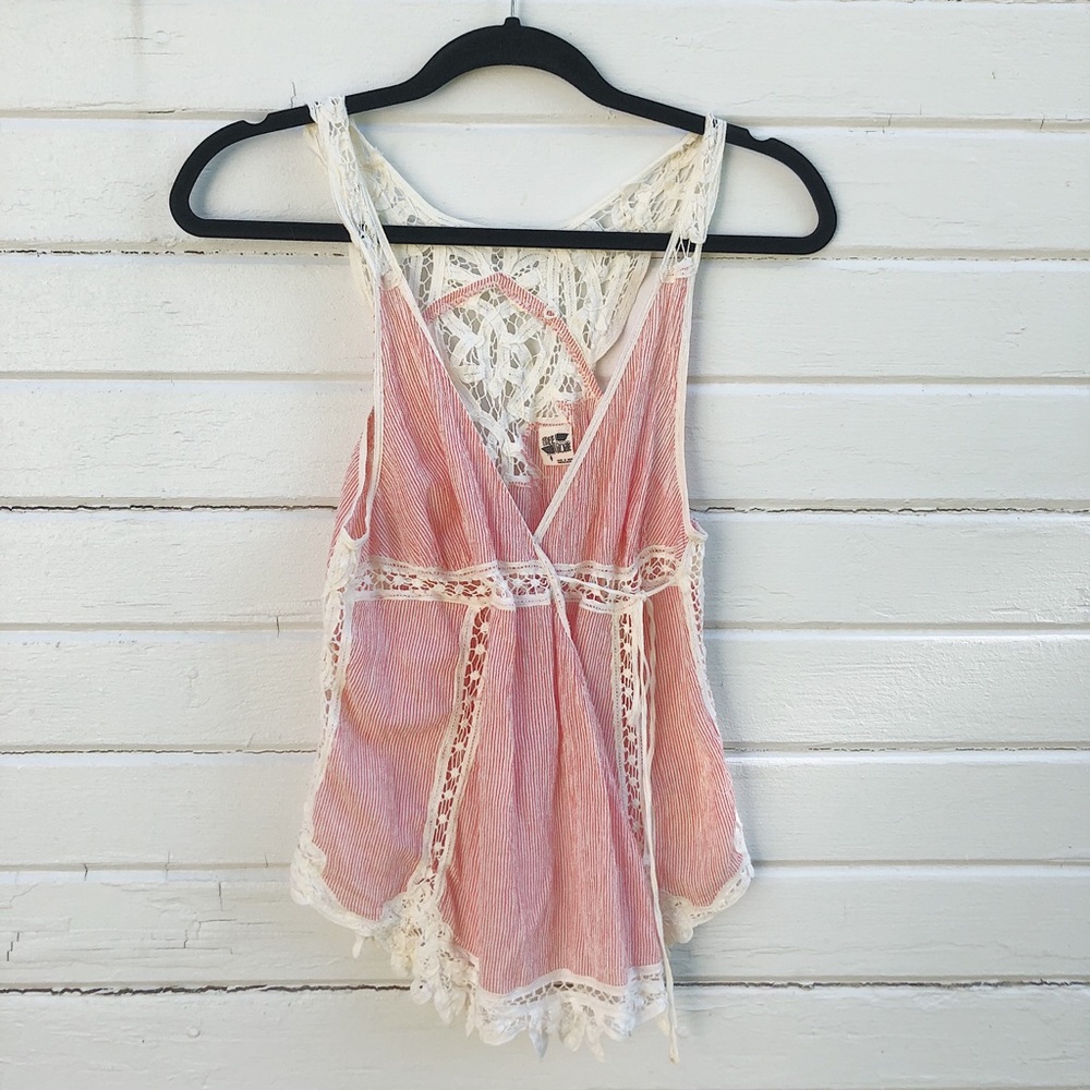 Free People Red and Ivrory Top w/Crochet Trim